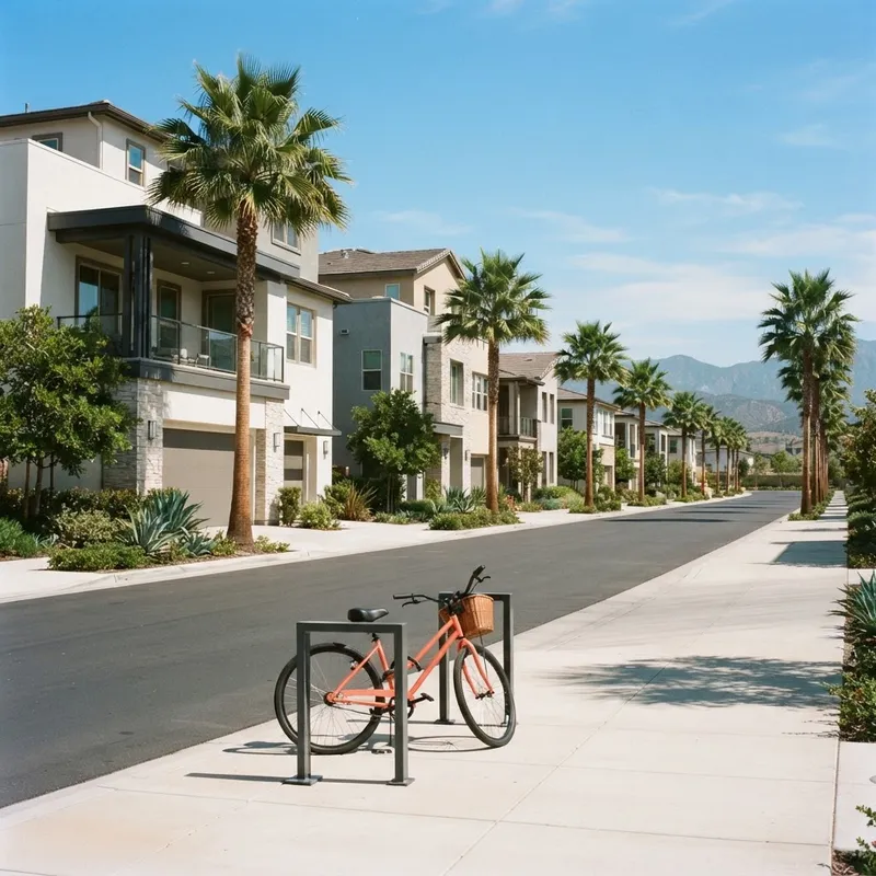 Modern suburban street with palm trees and townhomes