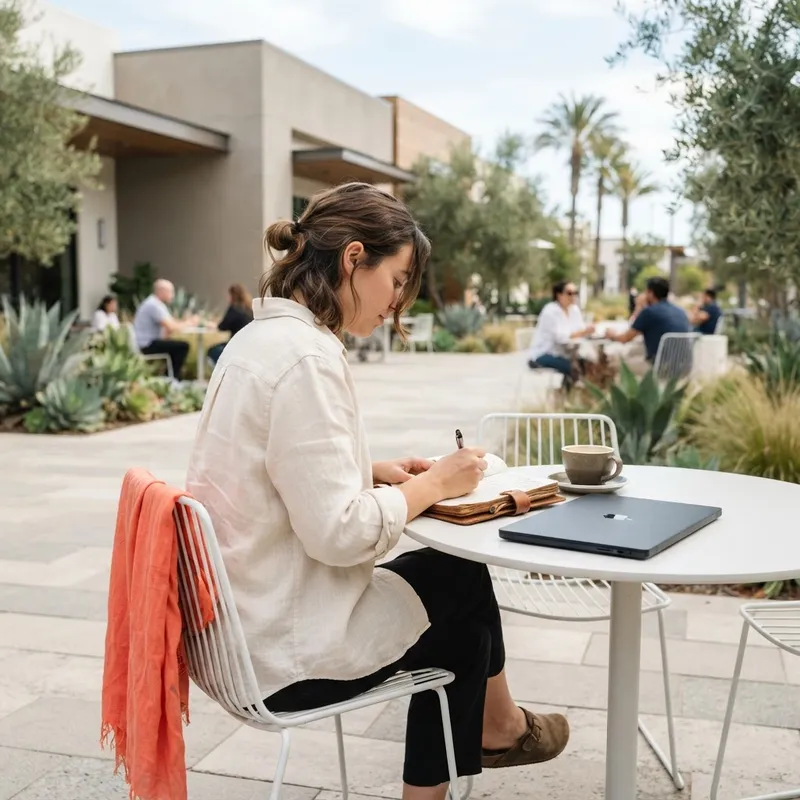 Person working on a notebook at an outdoor cafe