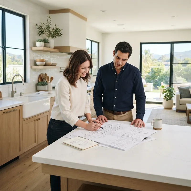 A couple reviewing construction documents in a bright new kitchen