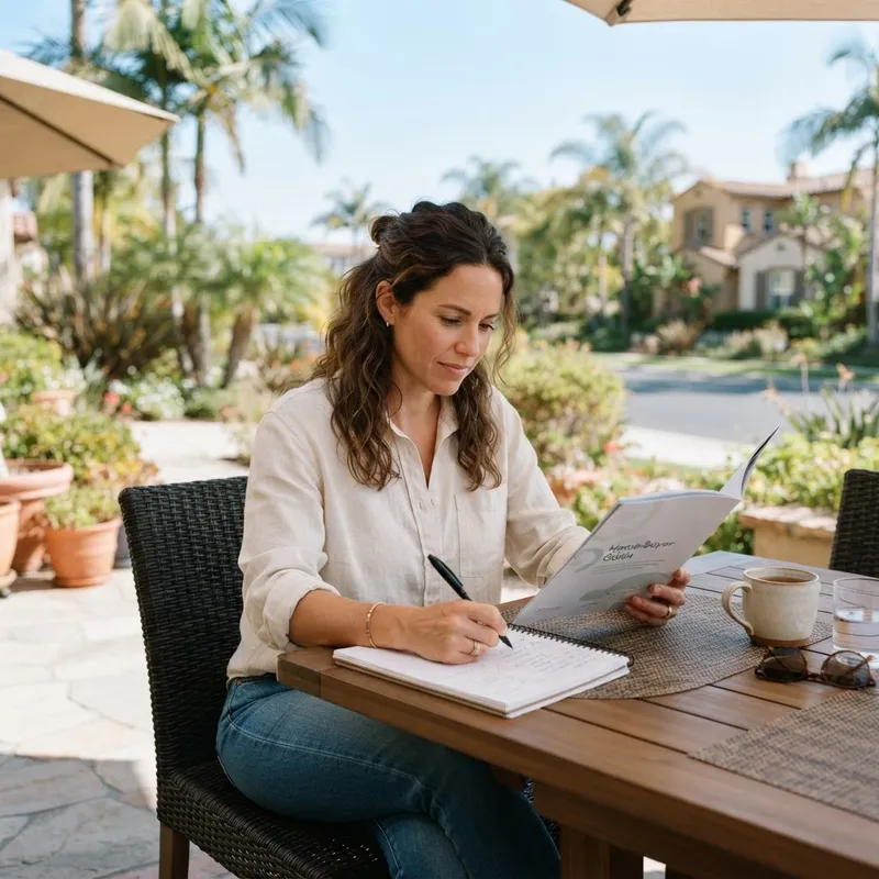 A person carefully reading a home buyer guide outdoors