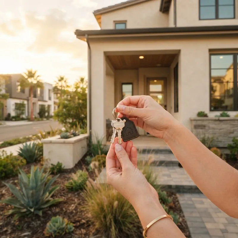 Close up of house keys in front of a new home
