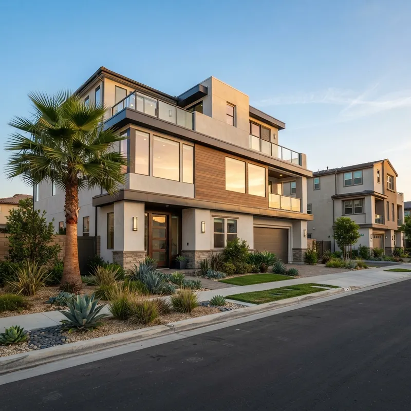 Modern newly constructed townhome under clear blue sky
