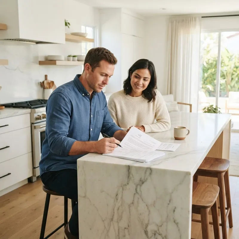 Couple reviewing home purchase documents at a kitchen island