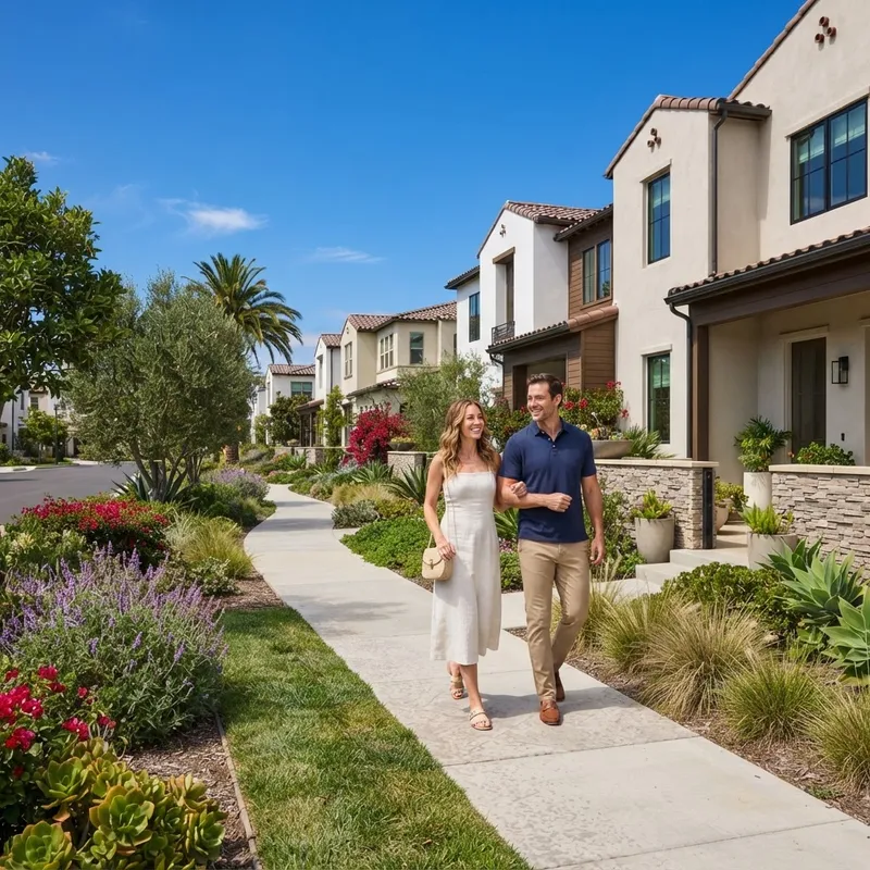 Couple walking confidently through a new construction neighborhood