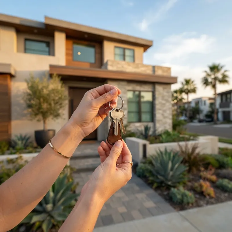 Person holding new house keys in a suburban neighborhood