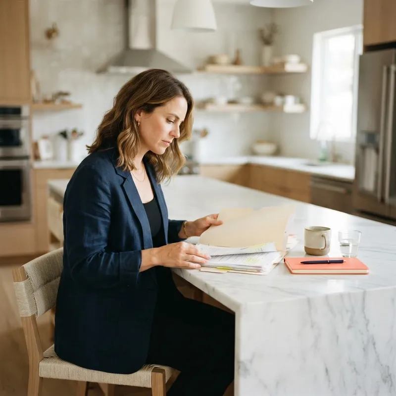 A person reviewing home documents at a kitchen island