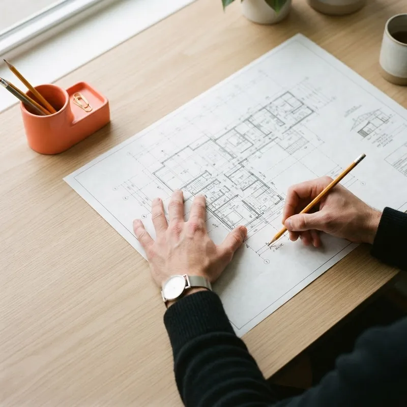 Hands marking a physical home floor plan