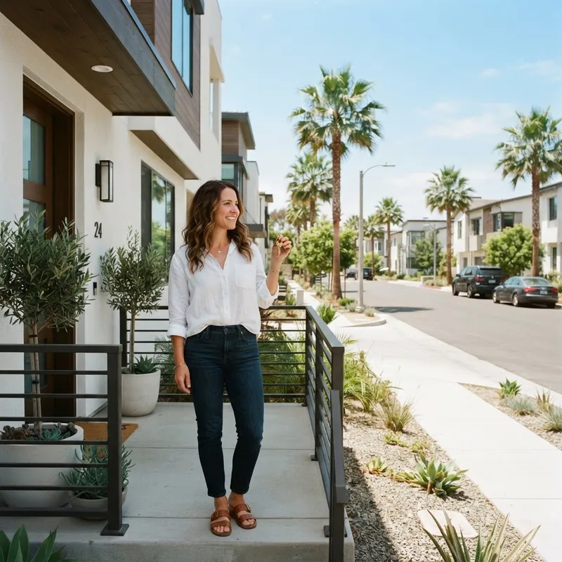 A new homeowner standing on a porch with house keys