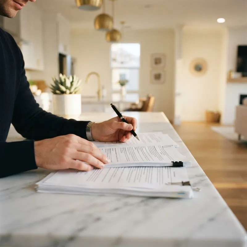 Hands reviewing contract documents on a kitchen island