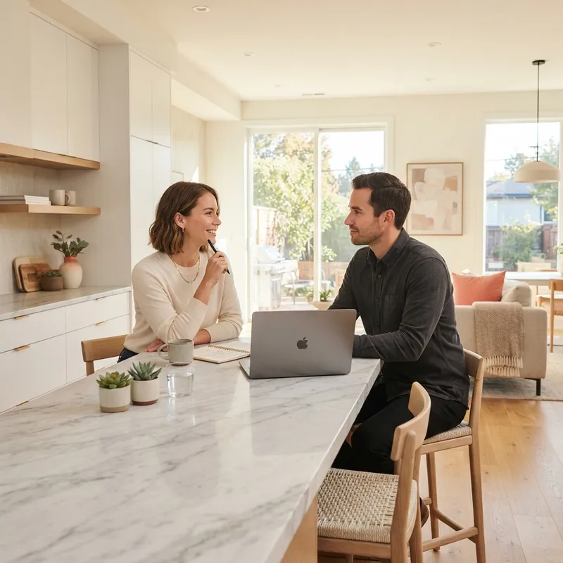 Couple reviewing documents at a kitchen island