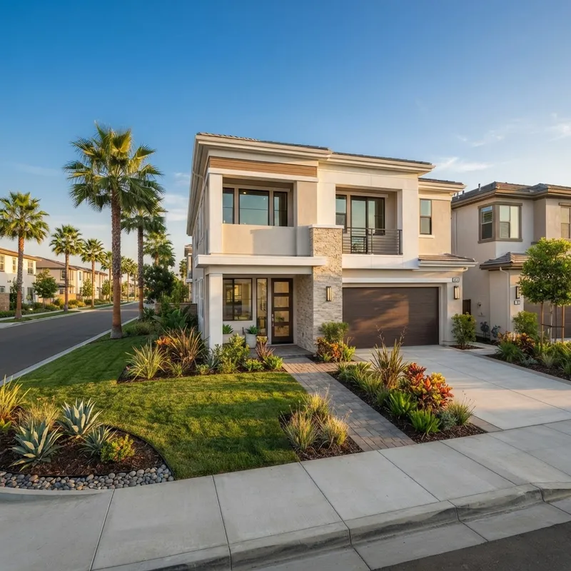 Exterior of a modern stucco townhome