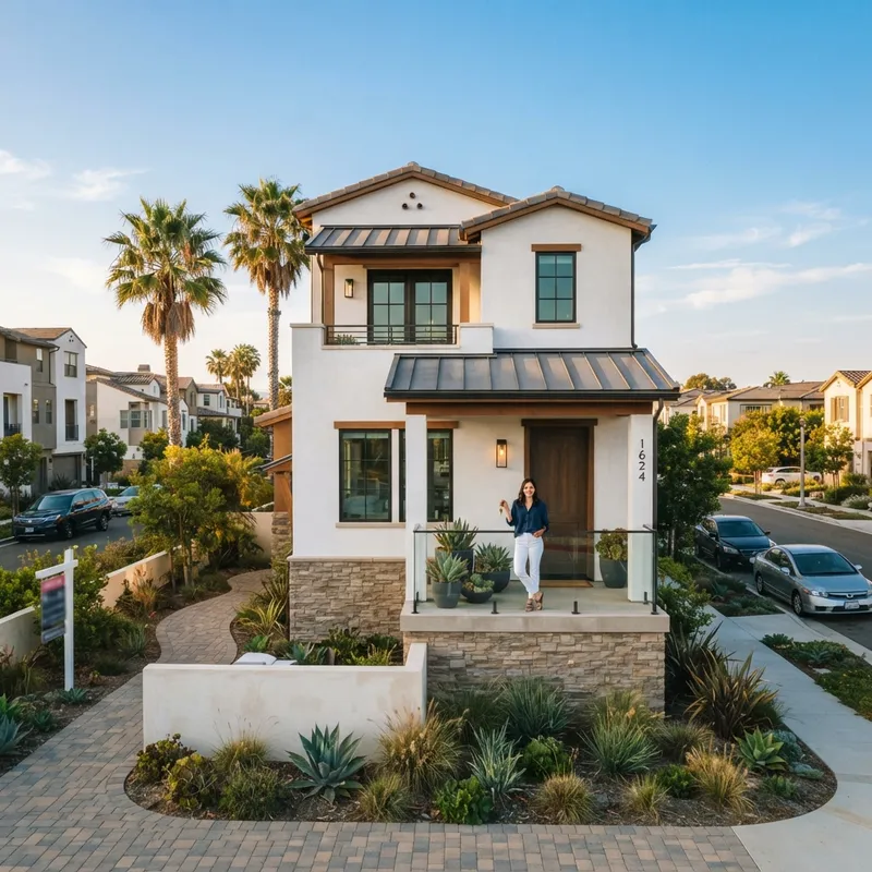 A homeowner standing on the porch of a new home