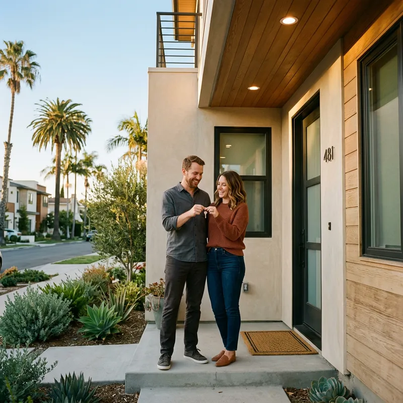 Couple holding key at new home entrance at golden hour