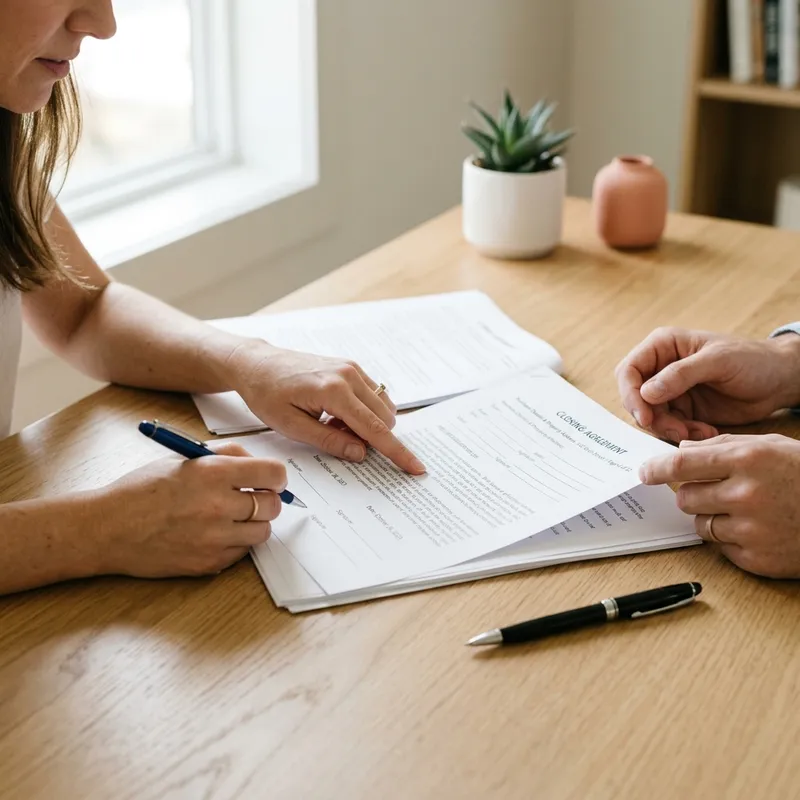 Hands reviewing closing documents together at home office table