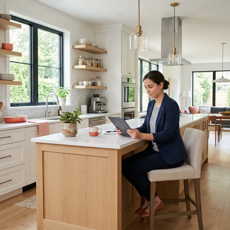 Woman reviewing market data on tablet in new construction kitchen