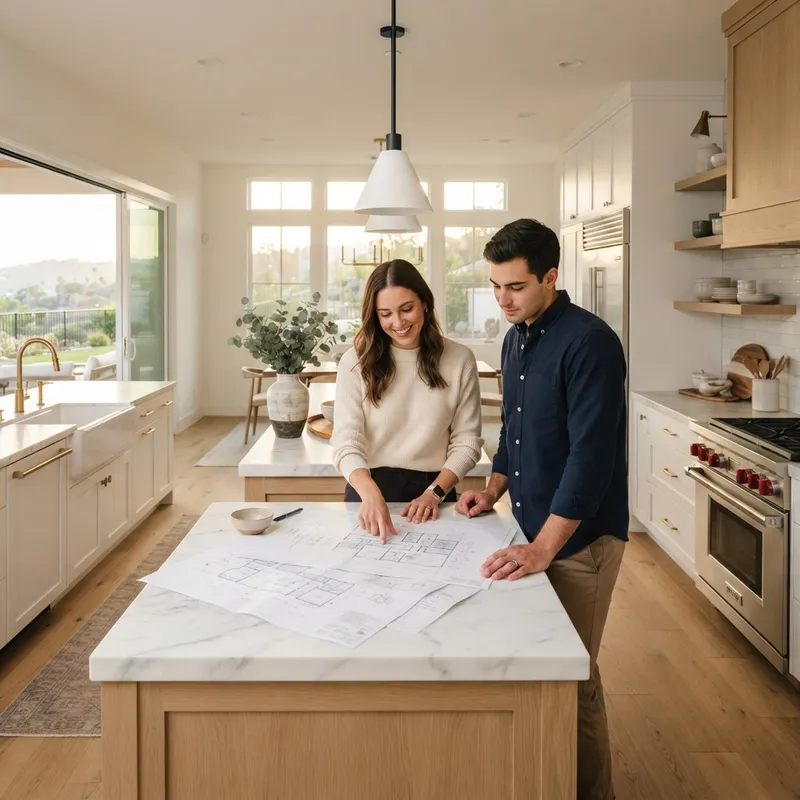 Couple reviewing floor plans in a modern kitchen