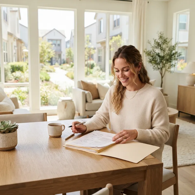 Homebuyer reviewing paperwork in a bright new home