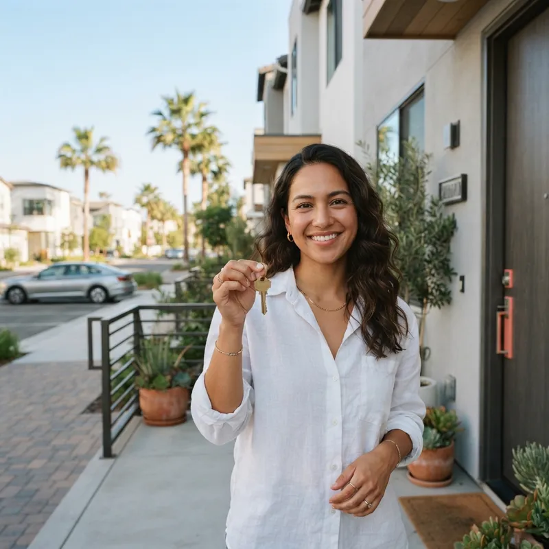 Person holding a house key in front of a new home