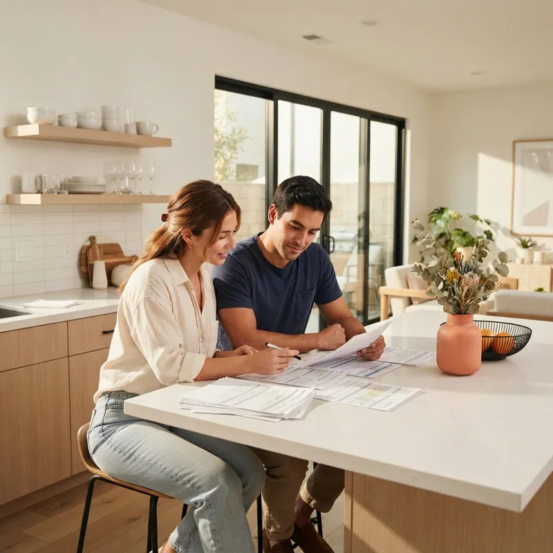 A couple reviewing paperwork in a modern kitchen