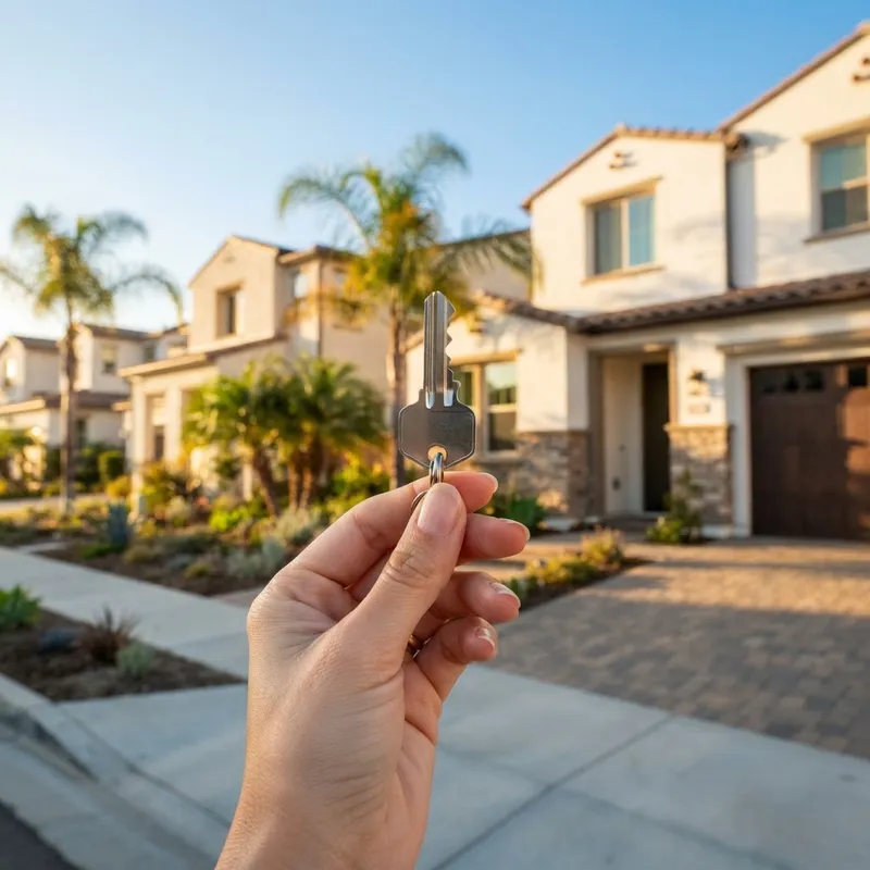 Hand holding a house key in a suburban setting