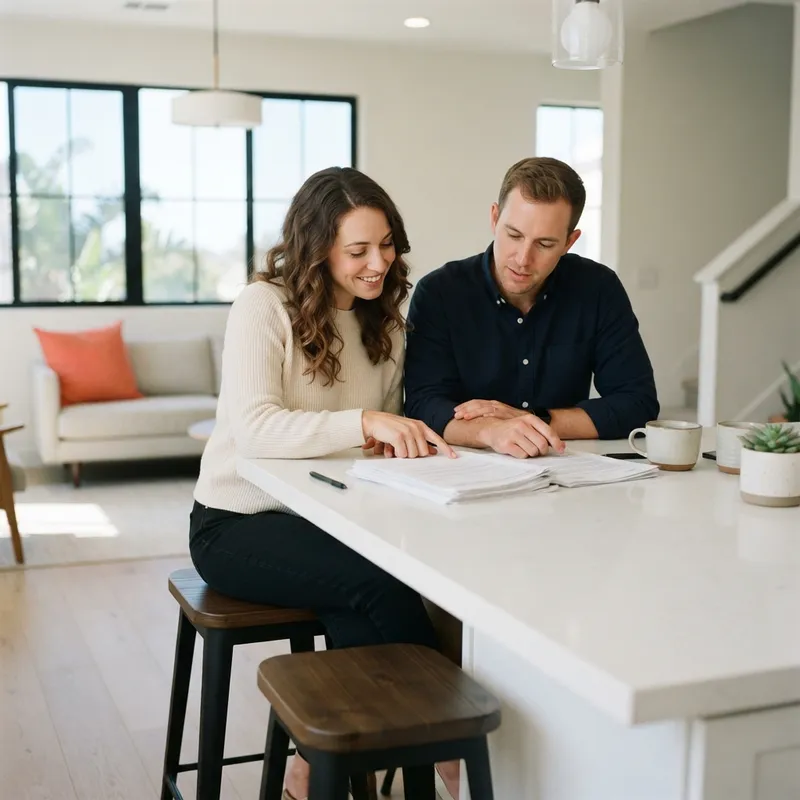 Couple reviewing documents in a modern kitchen