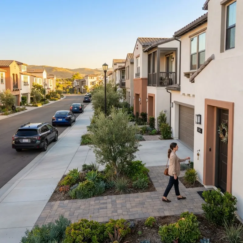 Woman walking toward a new suburban townhome
