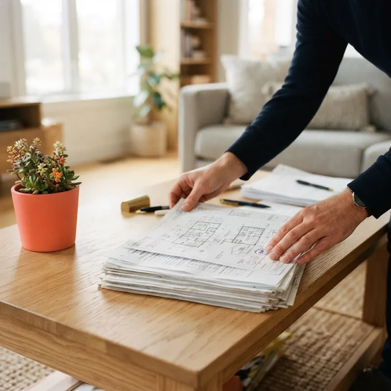 Hands organizing paperwork on a modern coffee table