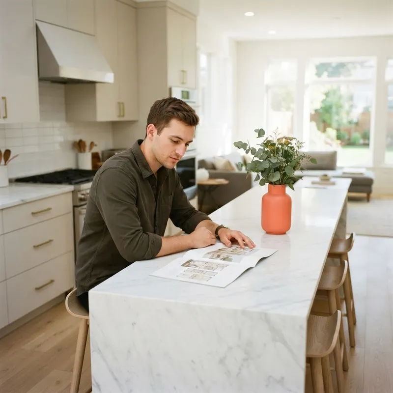 A man reviewing property details in a modern sunlit kitchen