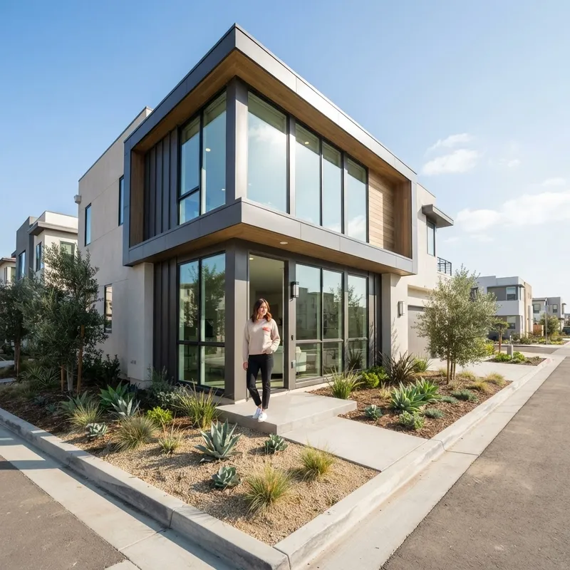 A person standing at the entrance of a new construction home