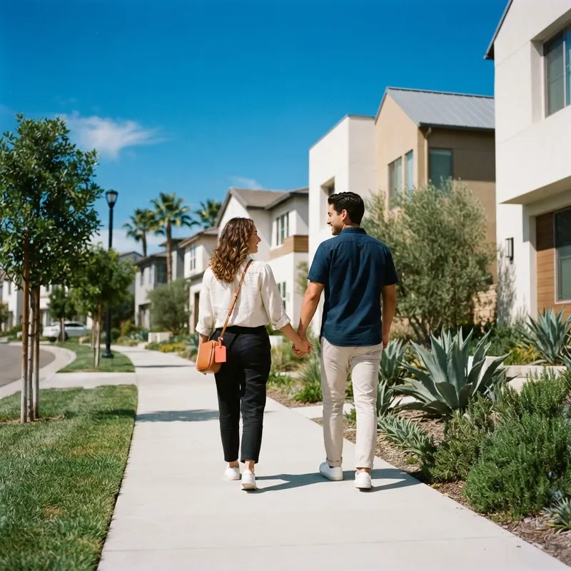 Couple walking along a suburban street with new homes