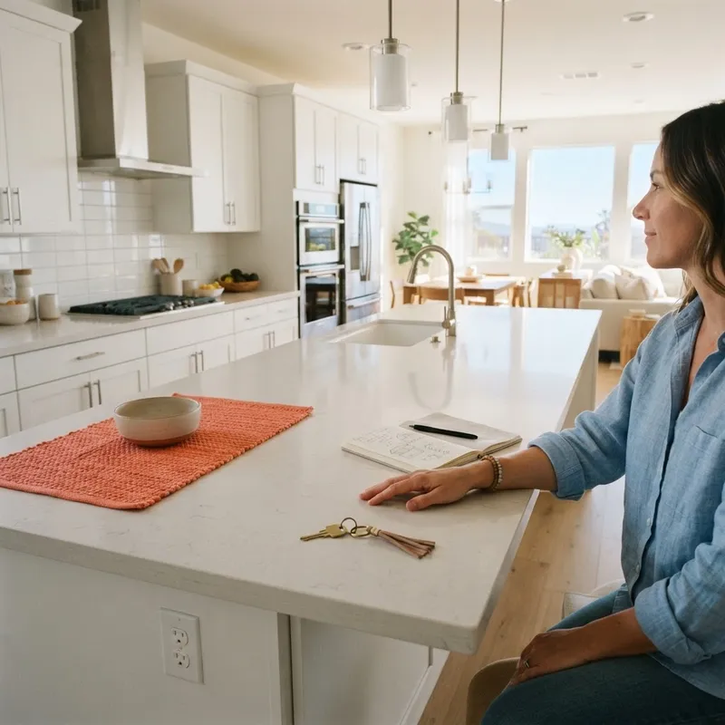 Minimalist modern kitchen island with keys and neutral decor
