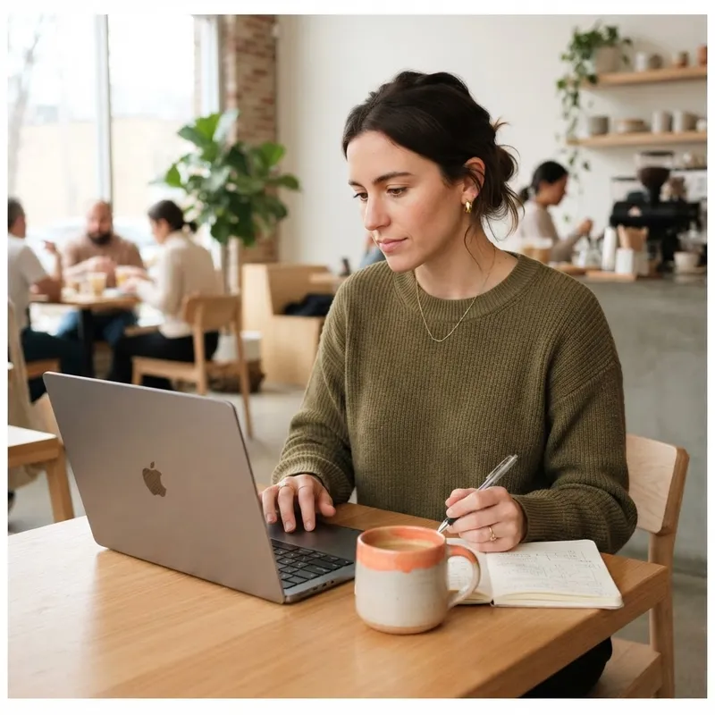 Person reviewing financial information on a laptop in a cafe