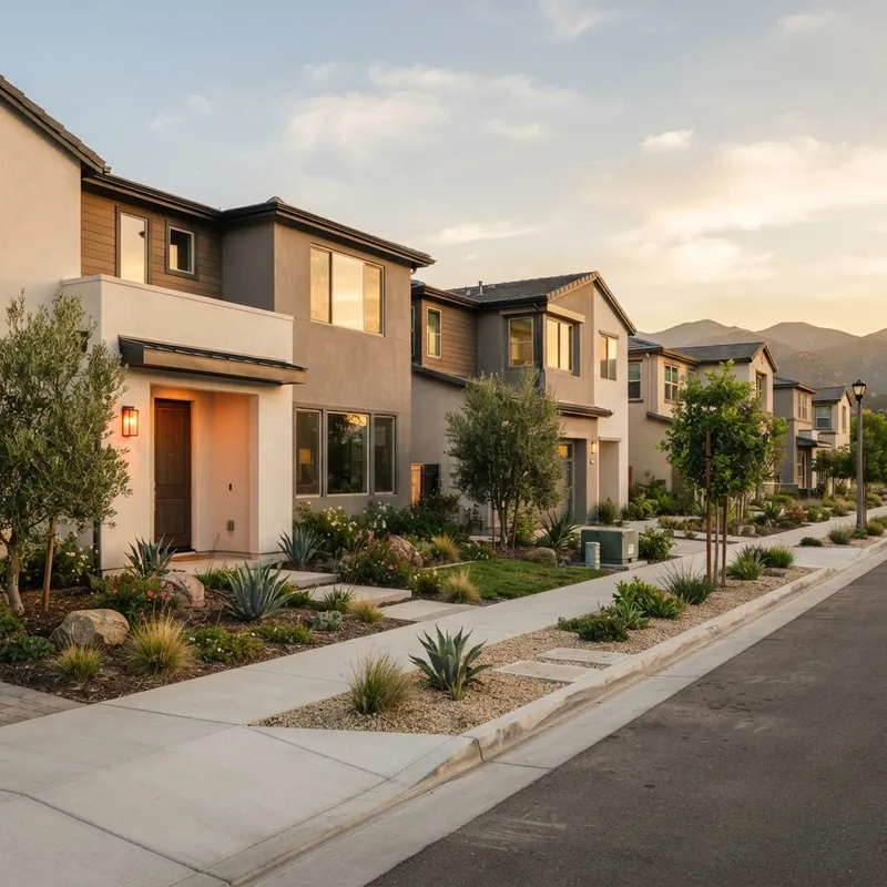 Exterior view of modern townhomes in a Southern California neighborhood