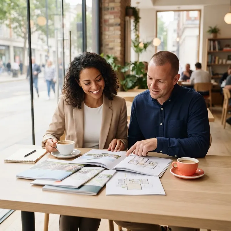 Two people reviewing investment property documents in a cafe
