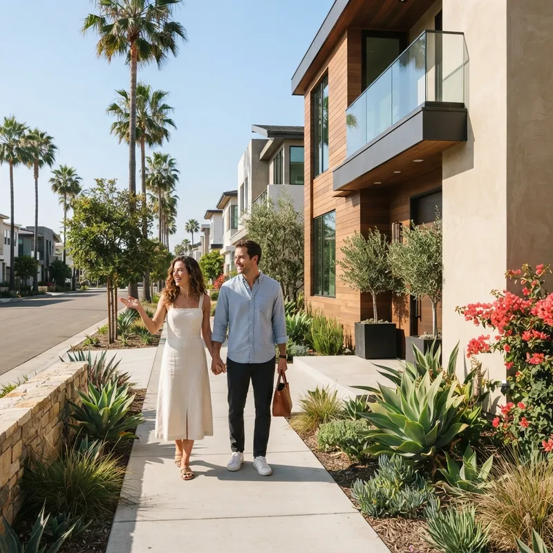 Couple standing on a sunny Southern California residential street