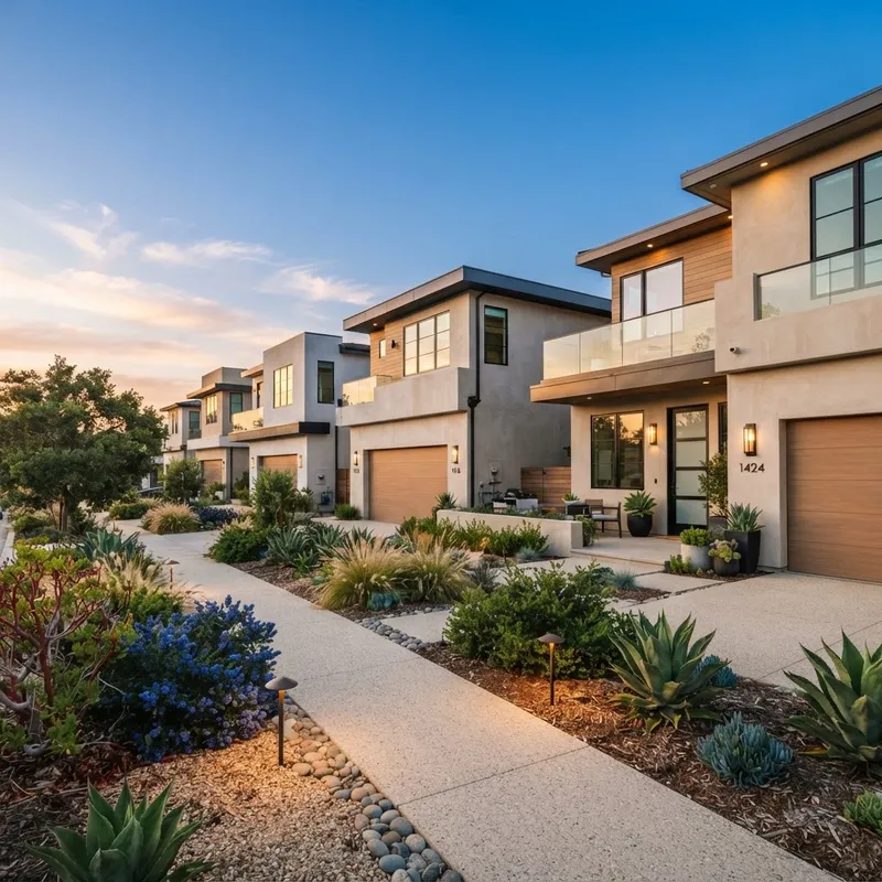 Modern suburban residential architecture at golden hour
