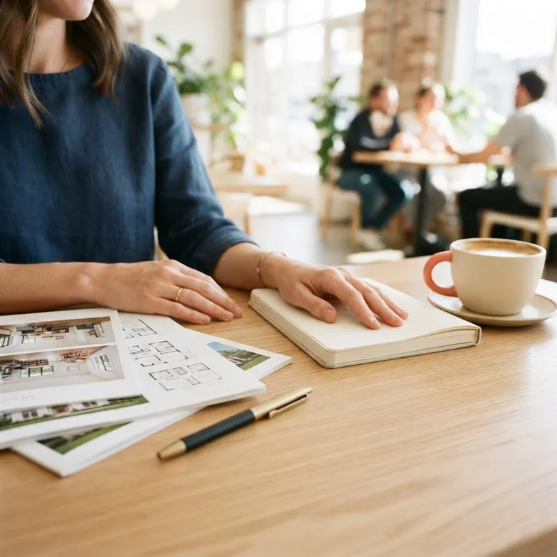 Person reviewing real estate information at a cafe table