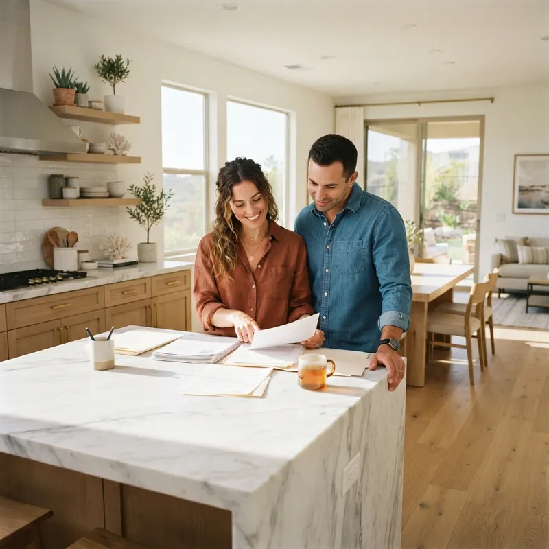 A couple reviewing paperwork in a bright modern kitchen