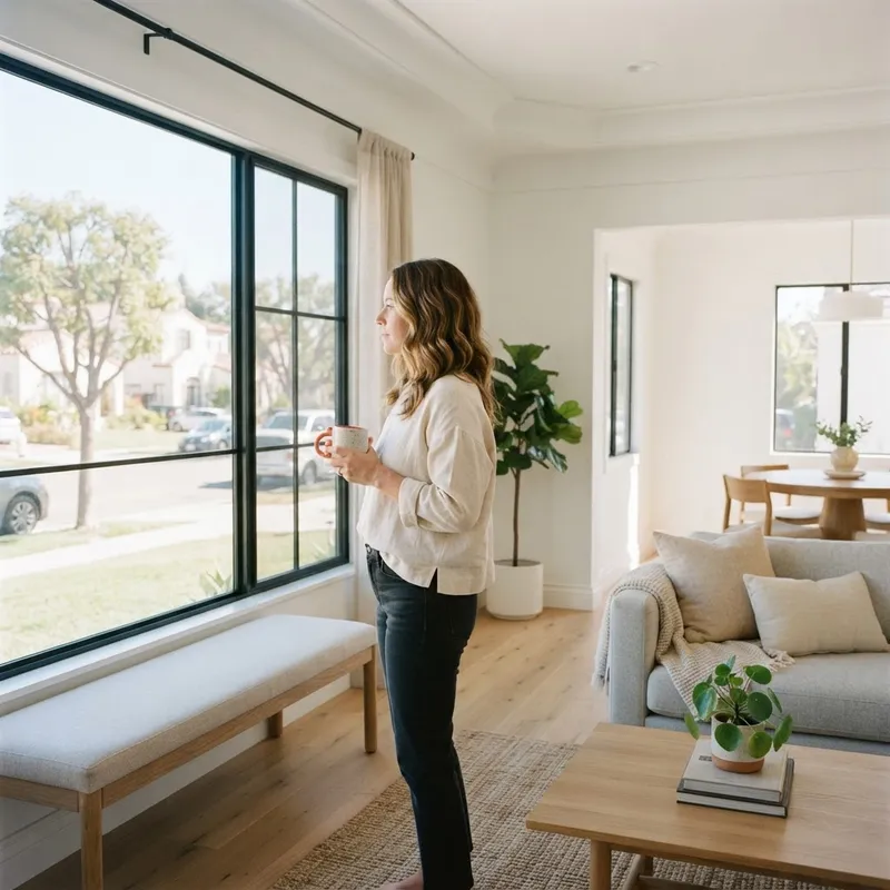 A person looking out a window in a bright living room