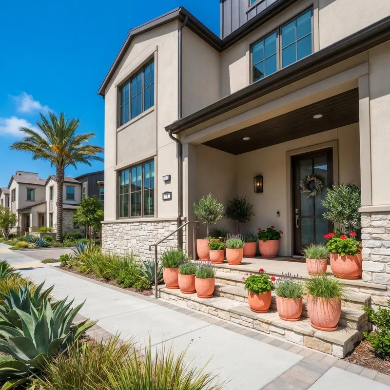 Exterior of a modern townhome in a sunny suburb