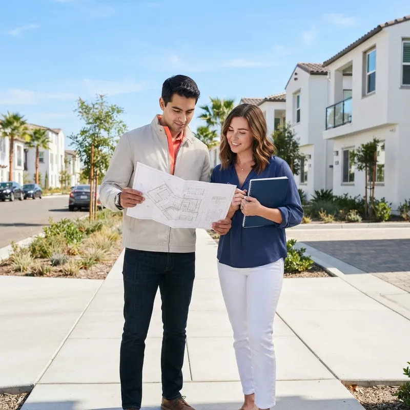 A couple reviewing plans together in a new construction neighborhood