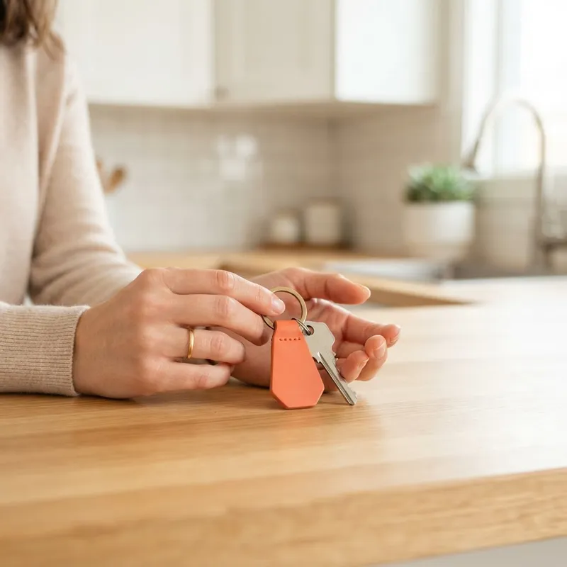 Close up of keys held by a new homeowner in a bright modern kitchen