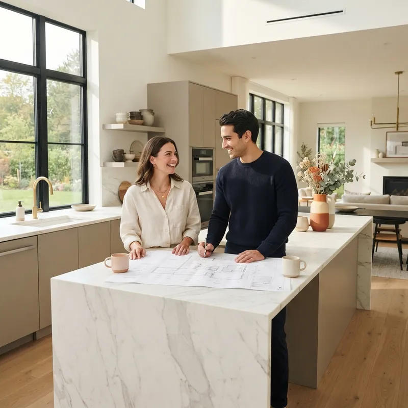 Couple reviewing floor plans in a model home