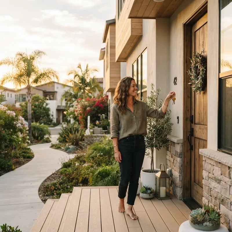 Homeowner standing at the front door of a new home