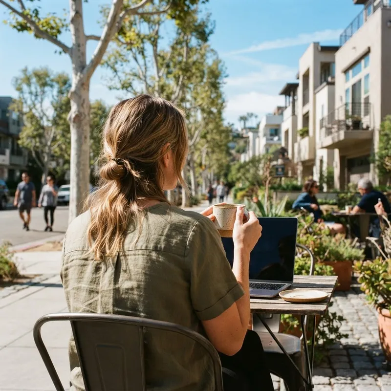 Person reviewing real estate options at a quiet outdoor cafe