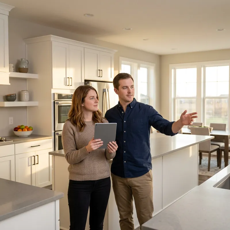 Couple reviewing market data in new construction kitchen