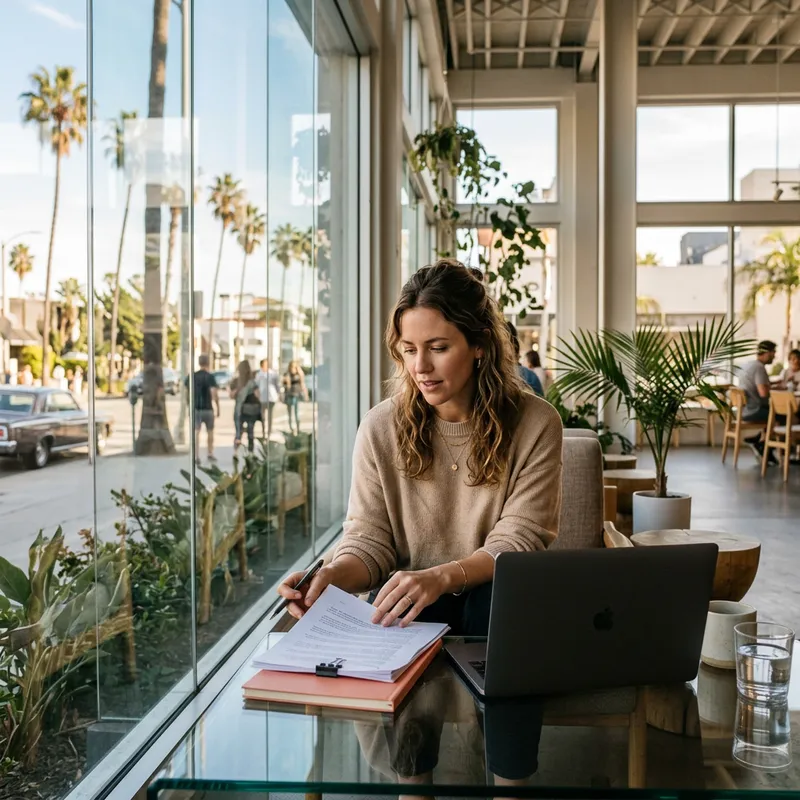 Homebuyer reviewing purchase documents at cafe
