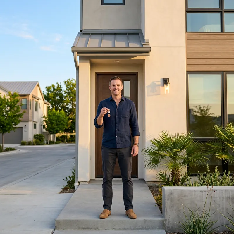 New homeowner holding key at freshly built home entry