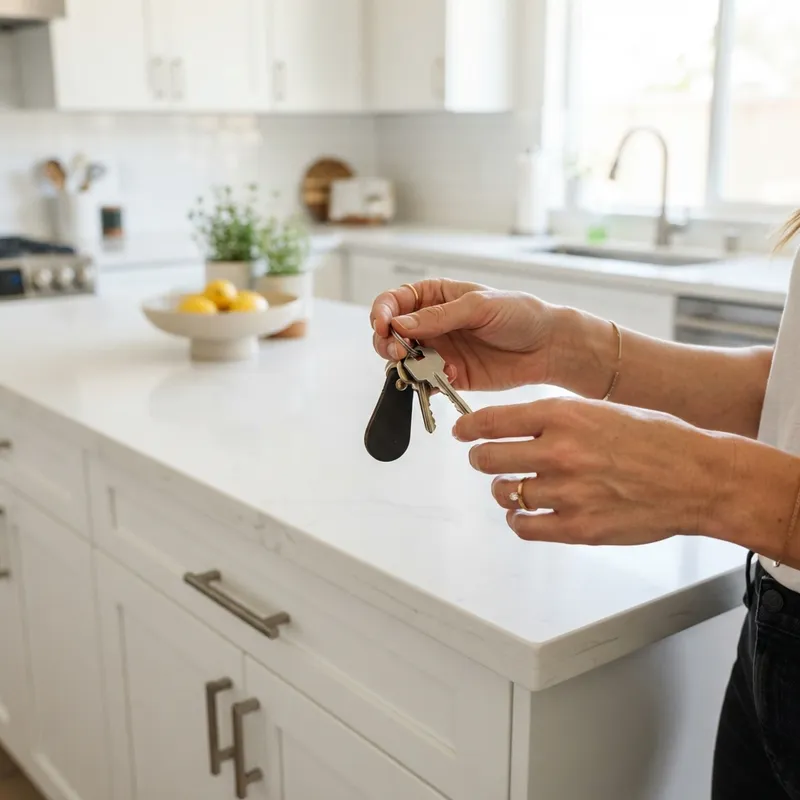 Hands holding house keys on a kitchen island