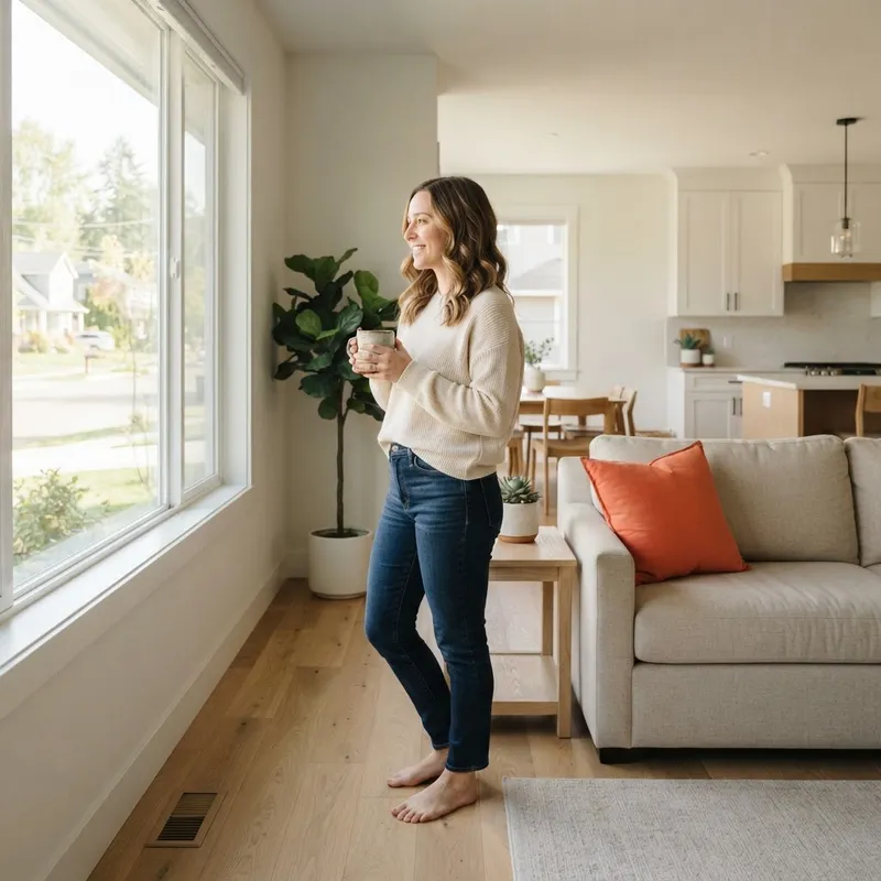 Homebuyer standing in a bright and peaceful living area